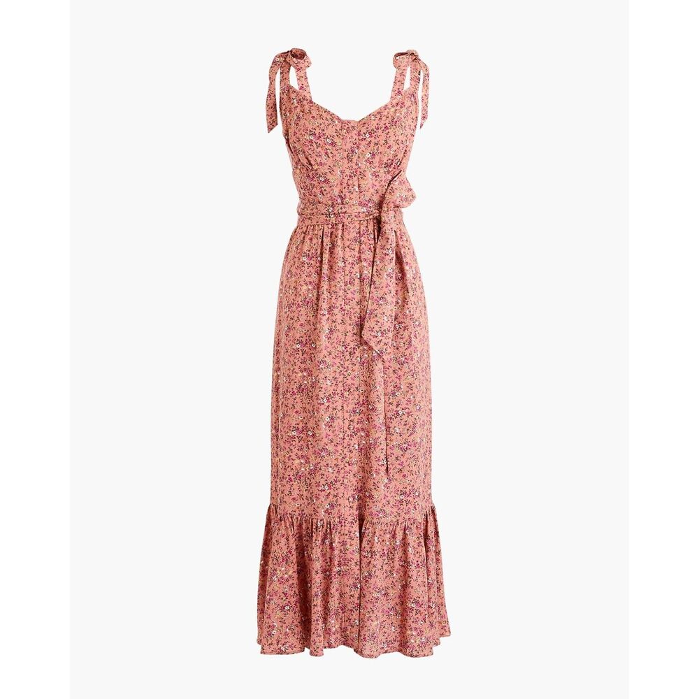 J. Crew | Button-front midi dress w/ ruffle hem in soft rayon, pink floral | 0